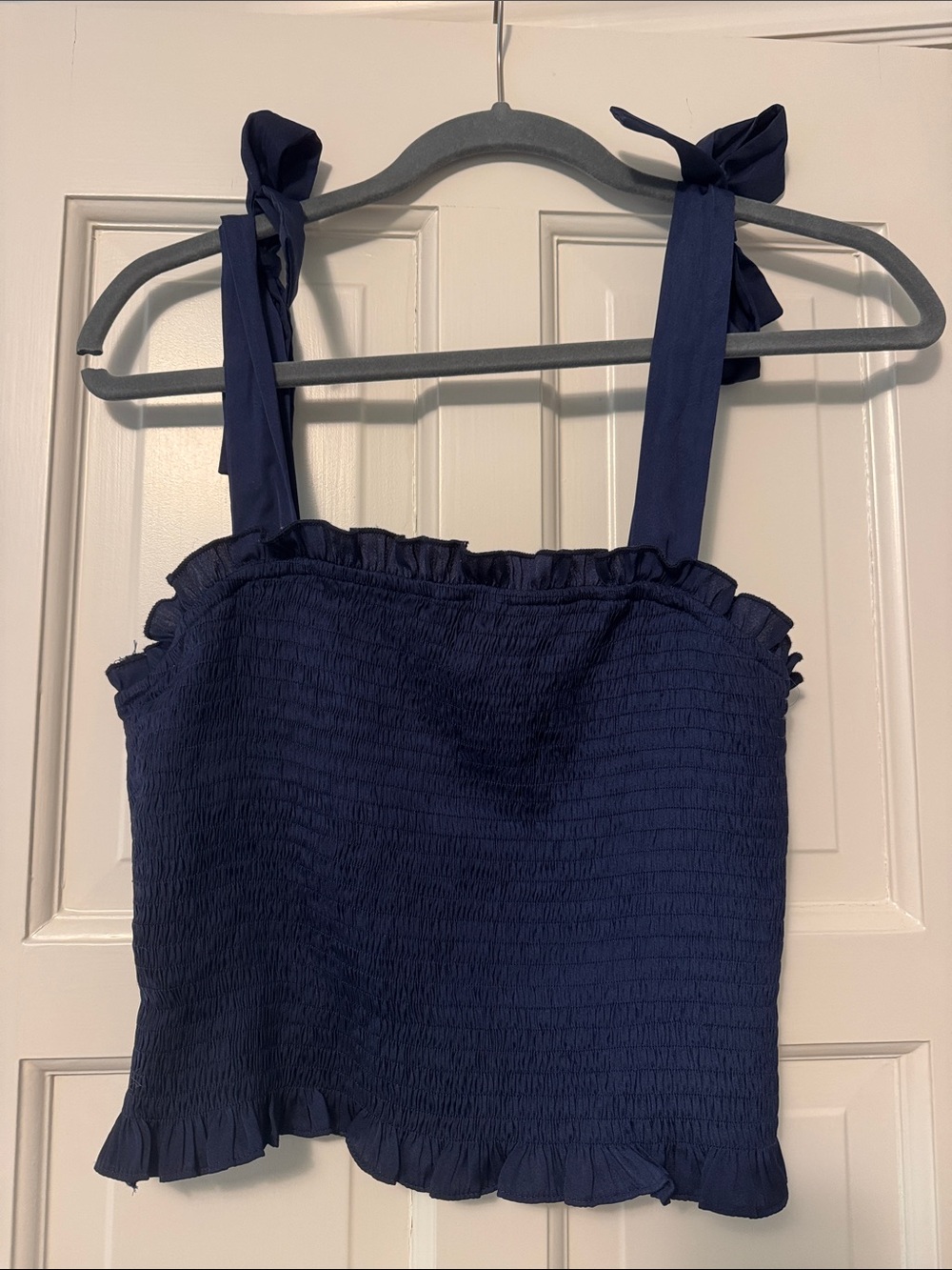 TCEC Navy Smocked Ruffle Tie-Shoulder Crop Top
